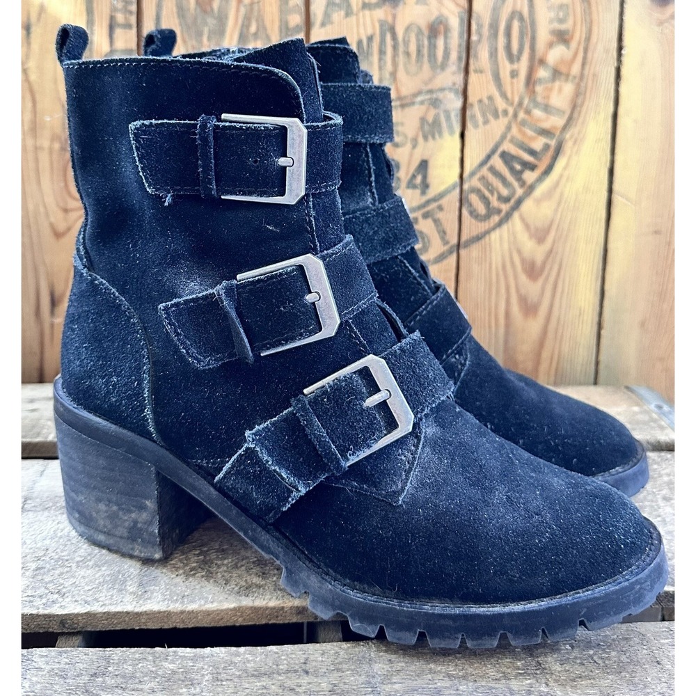Crown Buckle Hipster Ankle Boots Black Suede Grunge Moto Women's Sz 7.5